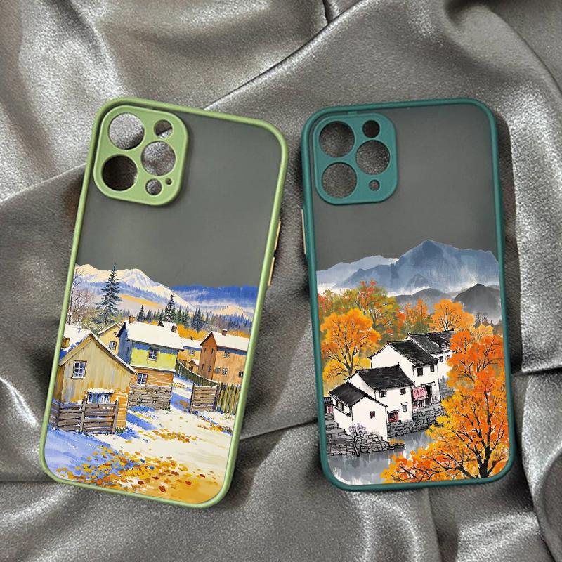 Ink Painting Autumn Scenery House Phone Case for IPhone 16 15 13 12 11 Pro Max Mini 14 Plus SE20 X XS XR Shockproof Hard Covers