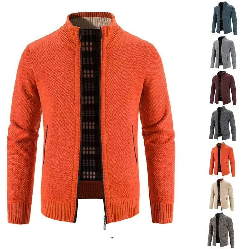 Autumn and Winter Men's Plus Velvet Stand-up Collar Cardigan Sweater Fashion Warm Sweater Jacket Top Men
