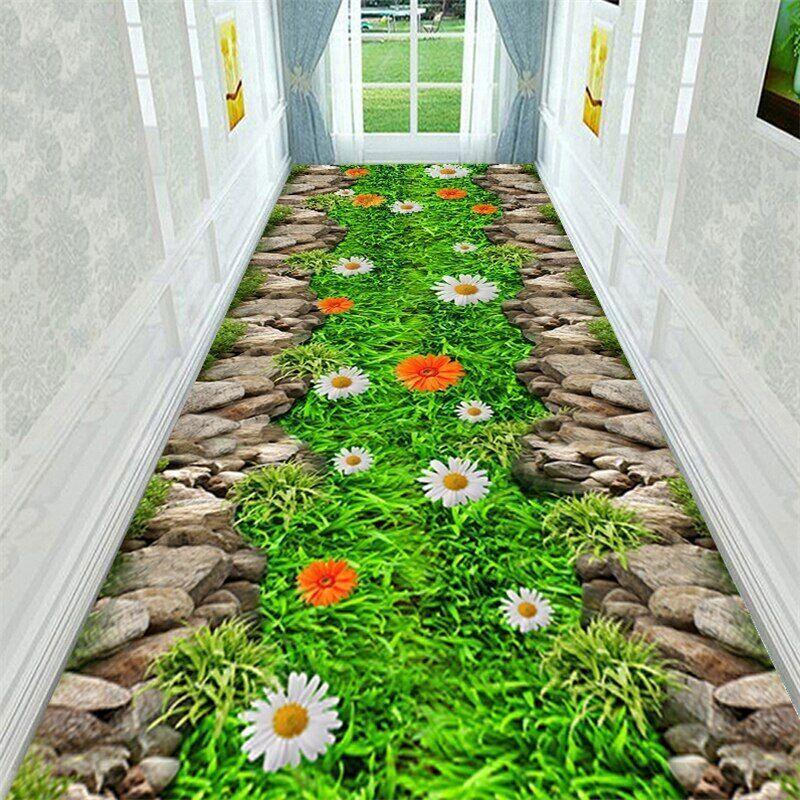Tapete Longo 3D Corredor Caminho de Jardim Verde Decoração Sala de Estar Corredor Doméstico Tapetes de Chão Antiderrapantes Moderno Luxo Decoração de Entrada Tapete