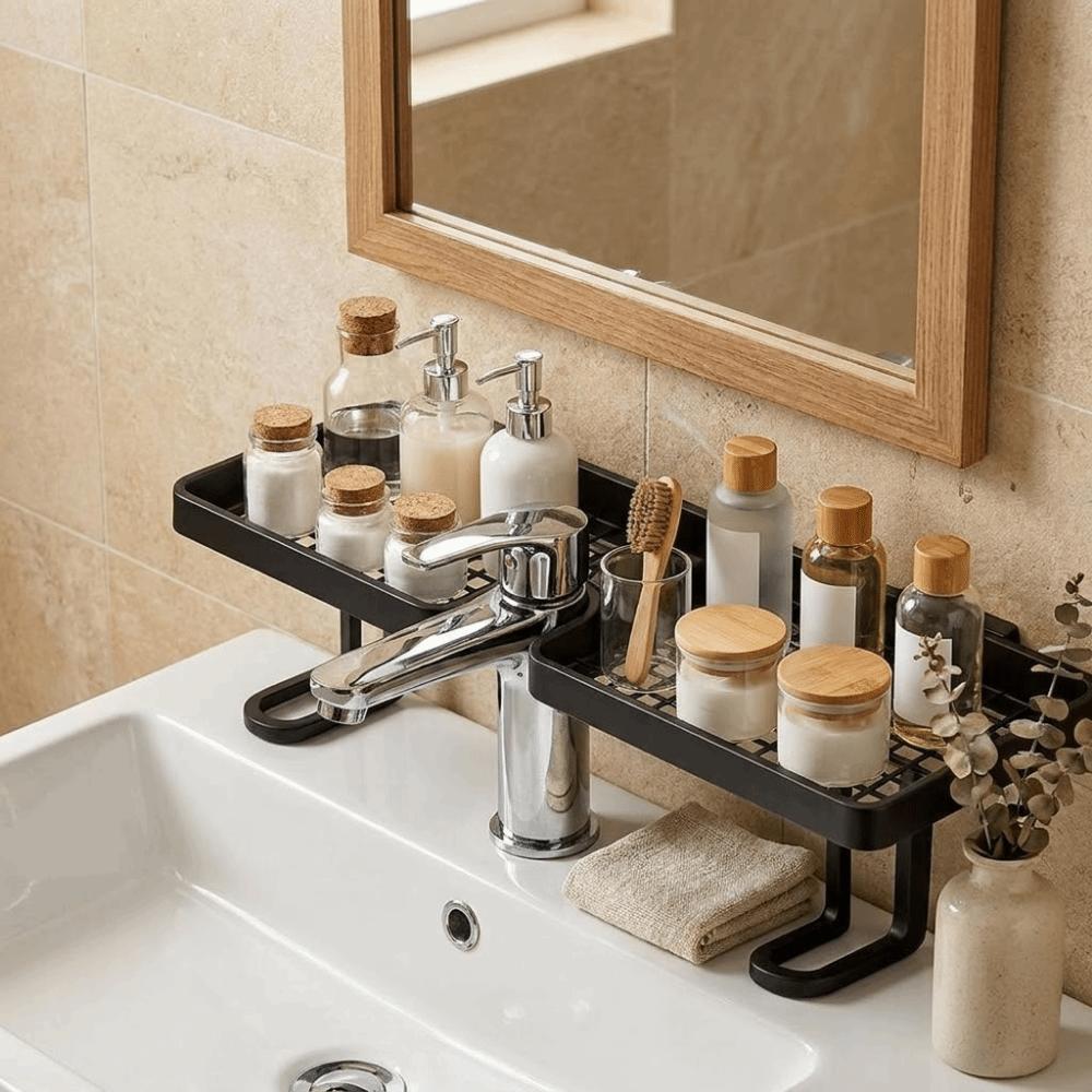 No Drill Bathroom Storage Rack Plastic Bathroom Sink Shelf Faucet Storage Shelf for Kitchen