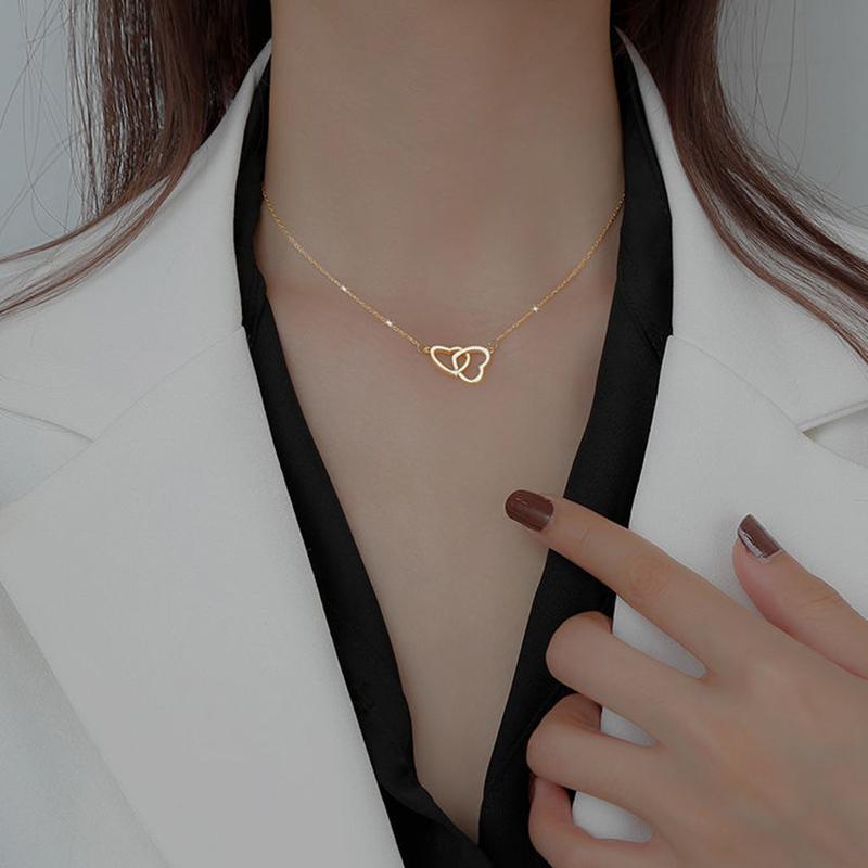 New 925 Silver Double Ring Heart Necklace Women Clavicle Chain Simple Elegant Wedding Jewelry Gift for Her