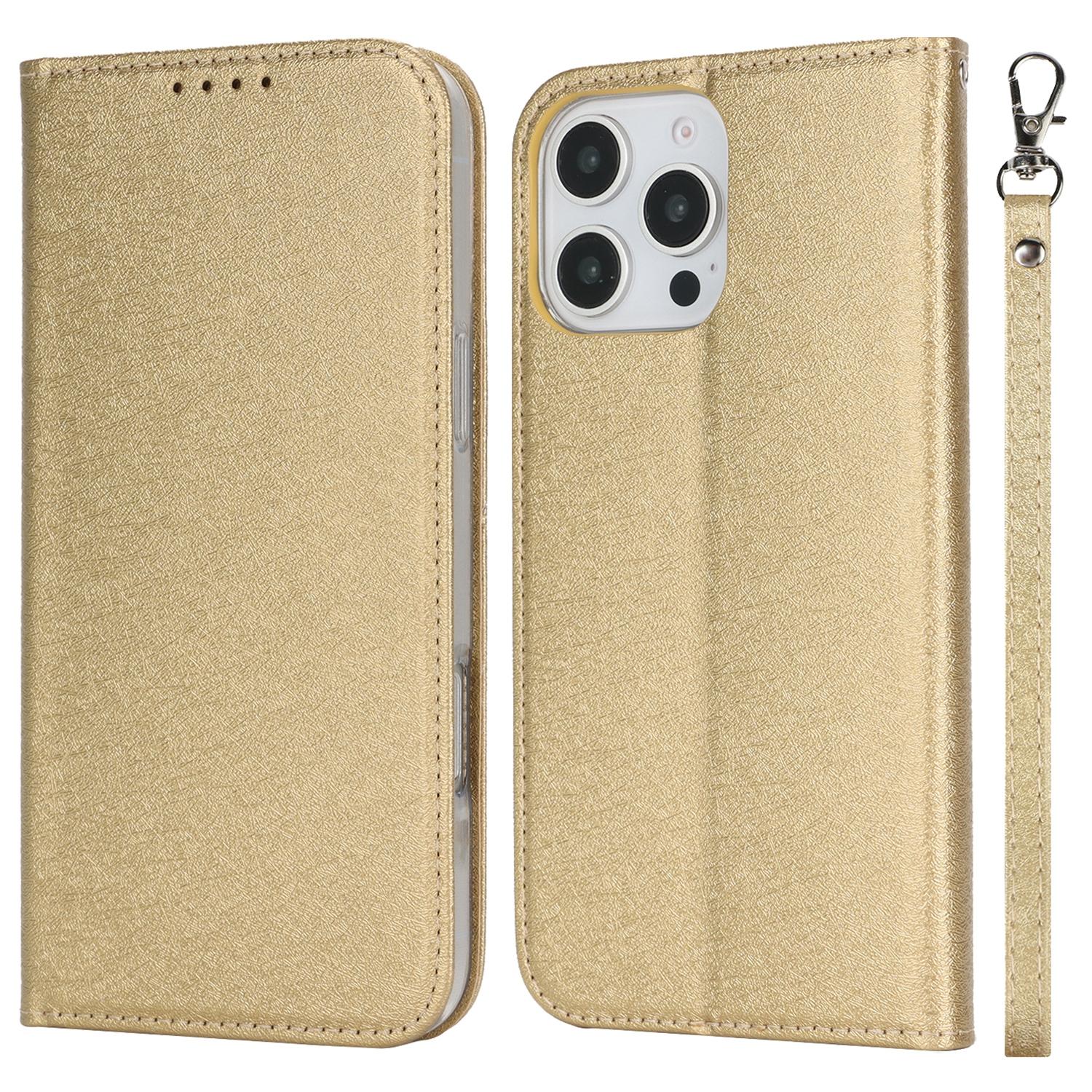 

For iPhone 16 Pro Max Case PU Leather Silk Texture Magnetic Flip Phone Cover Gold