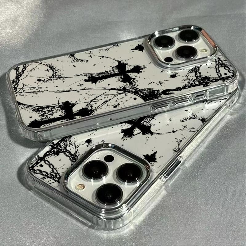 The Dark Cross Electroplated Lens Frame Clear Phone Case for iPhone 17 Air 16 15 14 13 12 11 Pro Max XS Max X TPU Soft Cover