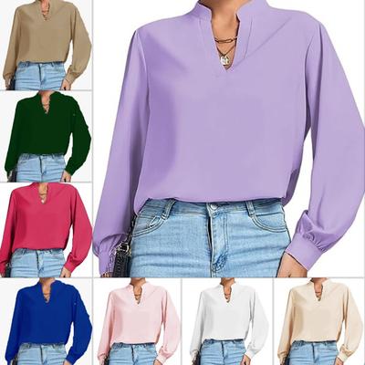 Solid High Neck Long Sleeve Shirt for Women V-neck Loose Waist Long Sleeve Elegant Stylish Work Shirt Breathable Lightweight Soft Pullover Top