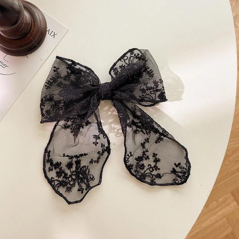 Fashion Solid Color Women Lace Hairclip Black White Bow Hair Barrettes Girl Gentle Fashion Ponytail Hairpin Accessories