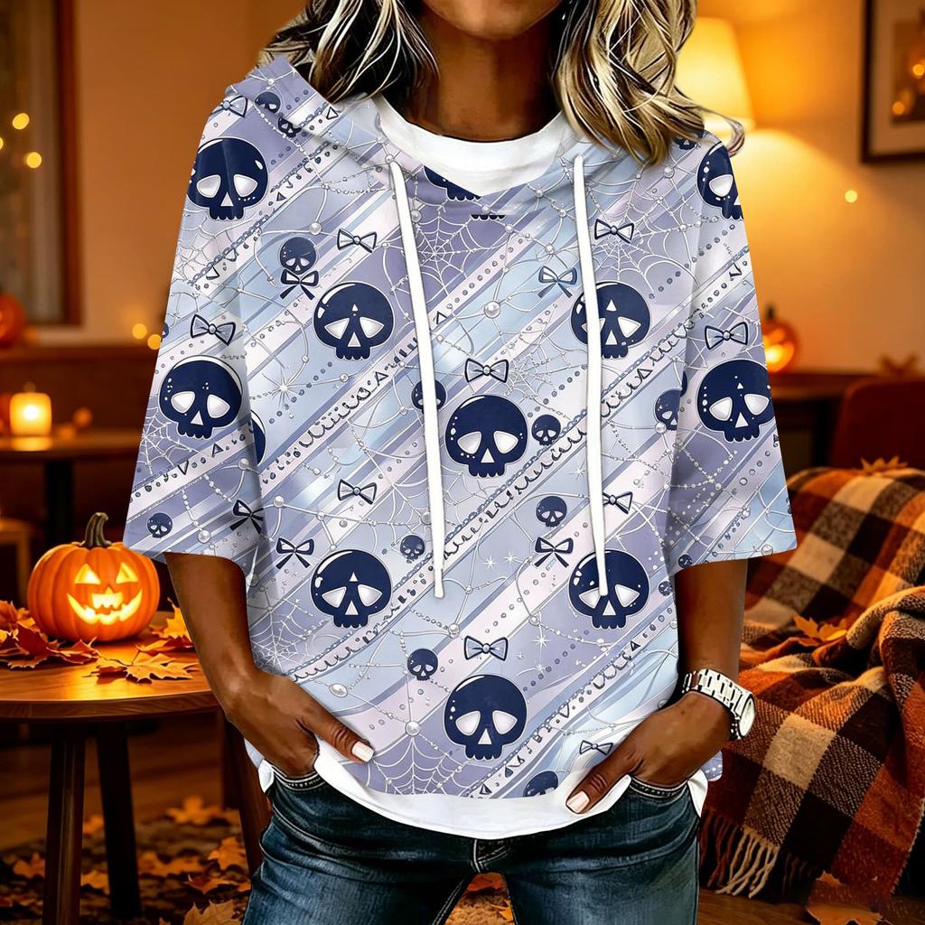 Women's Halloween Print Casual Loose Fit Hooded Top with and Three-Quarter Sleeves
