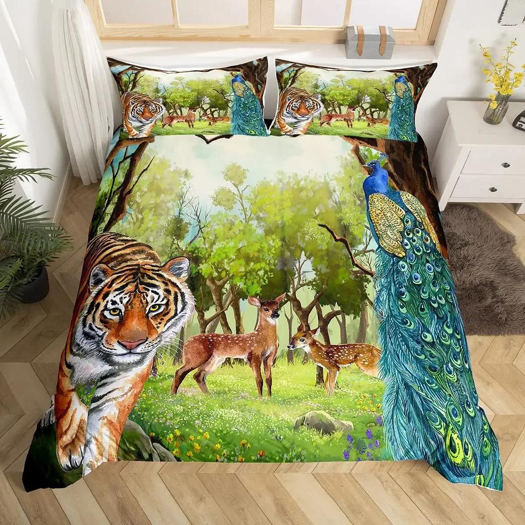 Conjunto de Capa de Edredom Pavão de Luxo Tamanho Twin King Queen Selva Selvagem Animal Capa de Colcha Microfibra Pássaro Exótico Animal Conjunto de Roupa de Cama