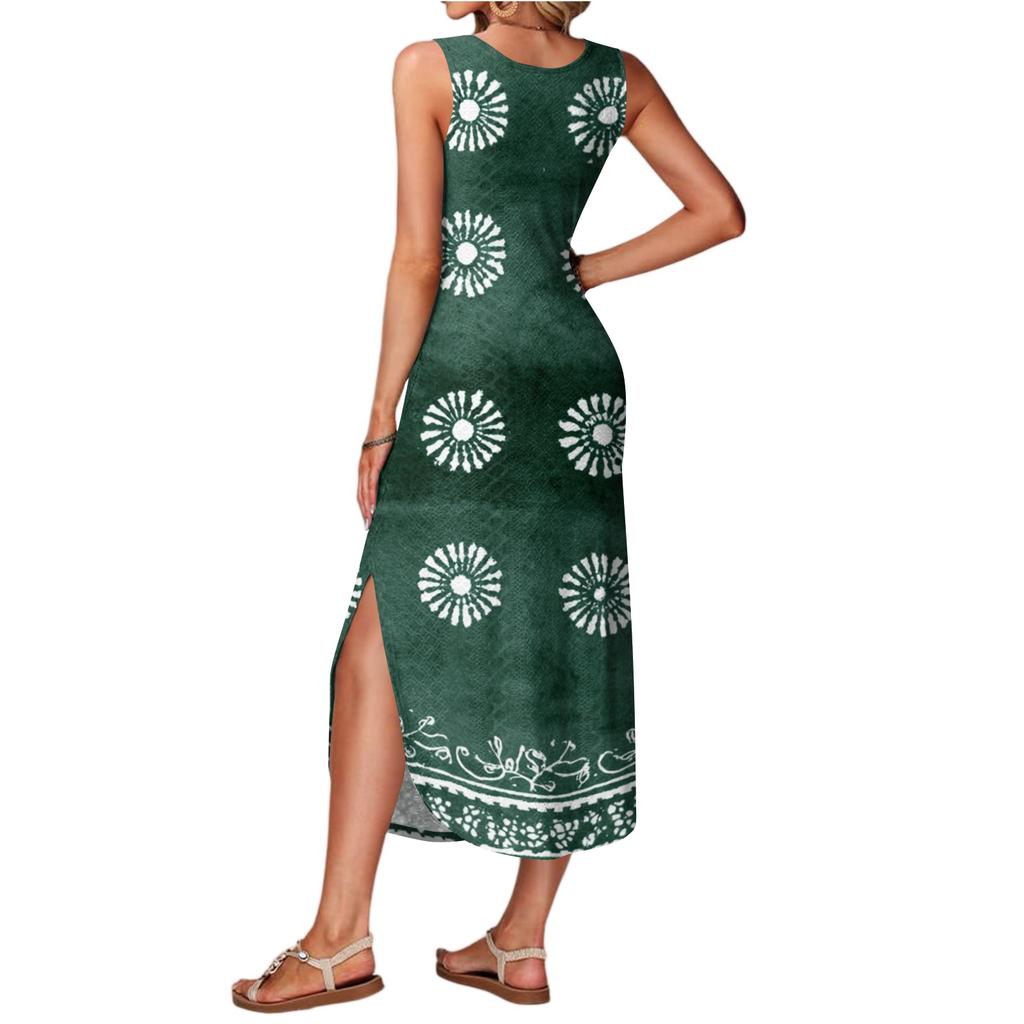 Women's Summer Long Dress, Sleeveless With Side Slits, Long Retro Printed Camisole Dress