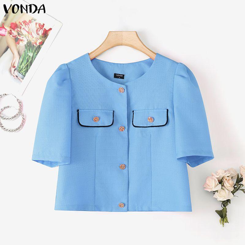 VONDA Women Short Sleeves Stitching Texture Casual Cropped Blouse Tops