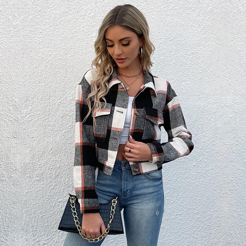 Women's 2026 Europe and The United States Short Paragraph Plaid Shirt Retro Lapel Jacket Female