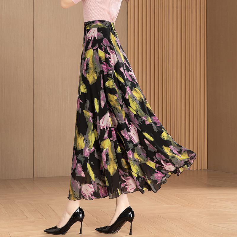New Summer Retro Ethnic Style Ink-print Chiffon Skirt Women's Long Skirt High Waist A-line Skirt