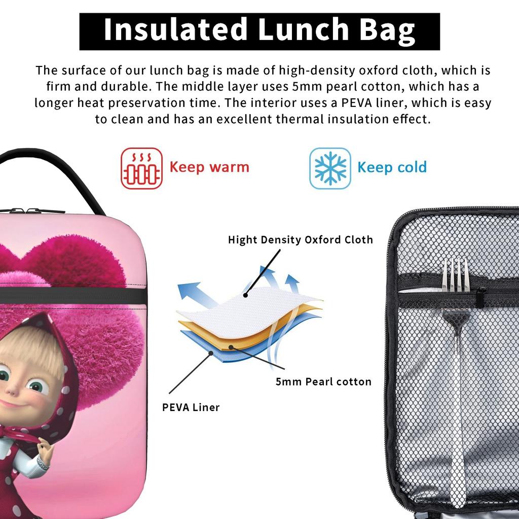 Charming Comic M-Masha Plus Bear Heat-keeping Meal Tote High Capacity Lunch Container Thermal Bag Tote Lunch Box Beach Open-air