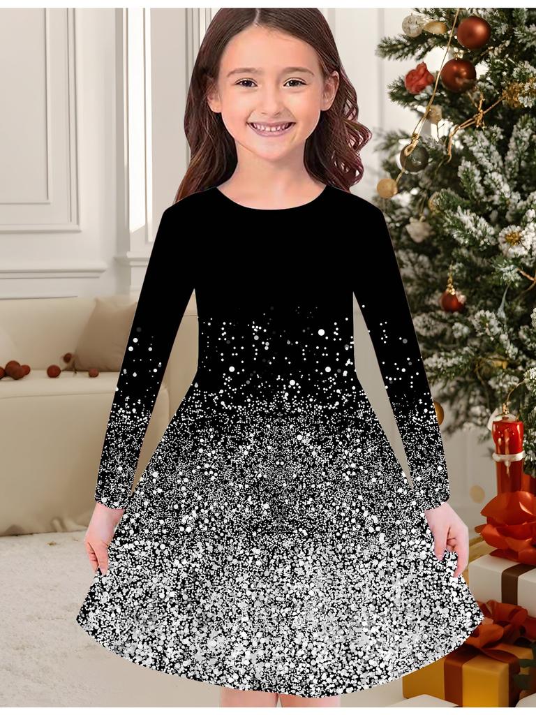 Mädchen Herbst- und Wintermodekleid, 3D-Glitzerdruck Rundhalsausschnitt Lang Kinder-T-Shirt-Kleid, Lässig Vielseitig, Weihnachtskleidung