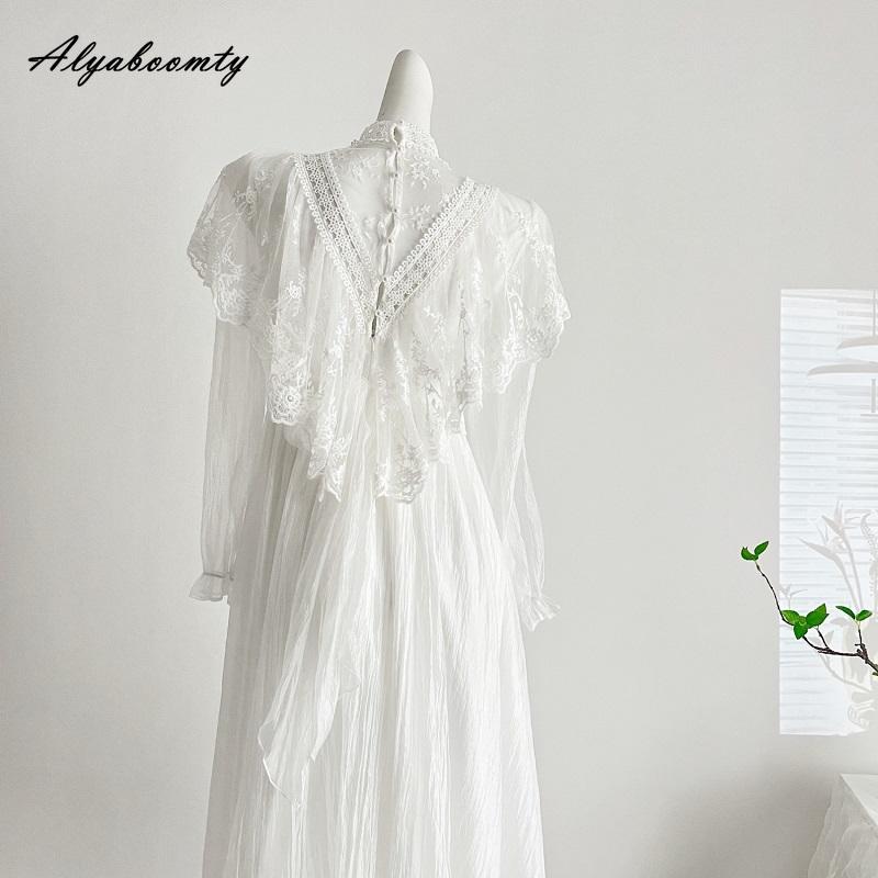 Fairycore Spring Autumn Women Maxi Long Dress Stand Collar Fairy Princess White Dress Layered Ruffles Gorgeous Wedding Party Dress
