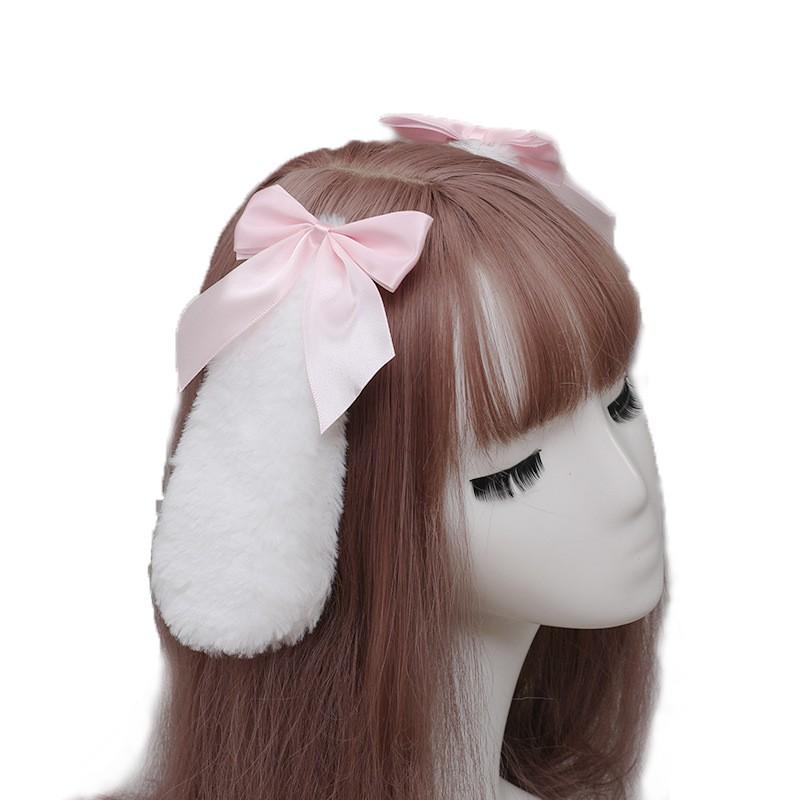 Handmade Rabbit Ear Hair Clip With Bow Lolita Style Sweet Cartoon Accessory Girls Teens