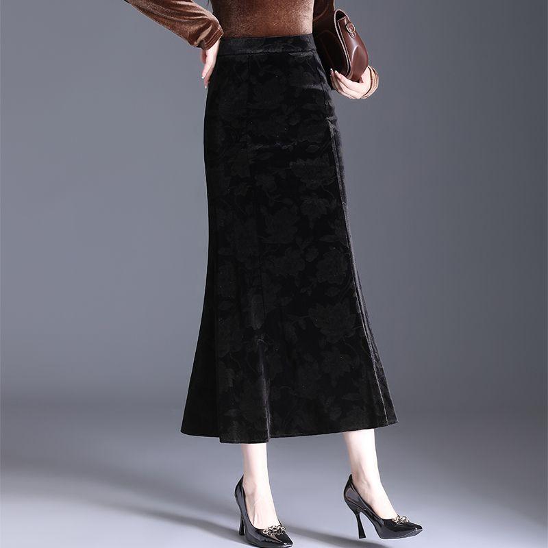 Autumn Winter Velvet Pencil Skirt High Waist Slim Fit Stretchy Wrap Fish Tail Midi Skirt Elegant Bodycon