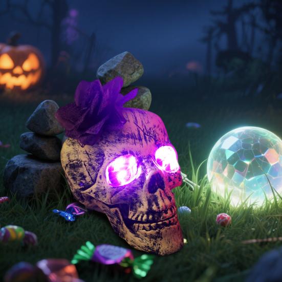 Halloween Skull Statue with Flower Plastic Small Size Human Head Bone Sculpture Collectible Skeleton Figurine for Indoor Outdoor Decor