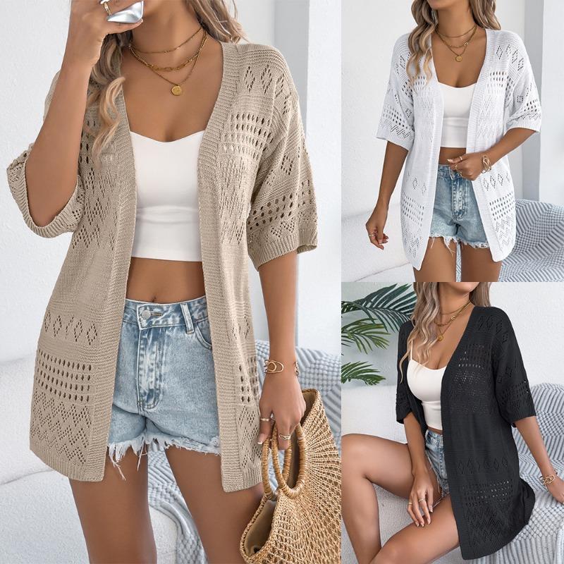 Women Solid Hollow Out Five Quarter Sleeve Knit Open Cardigan Casual Vacation Thin Outerwear