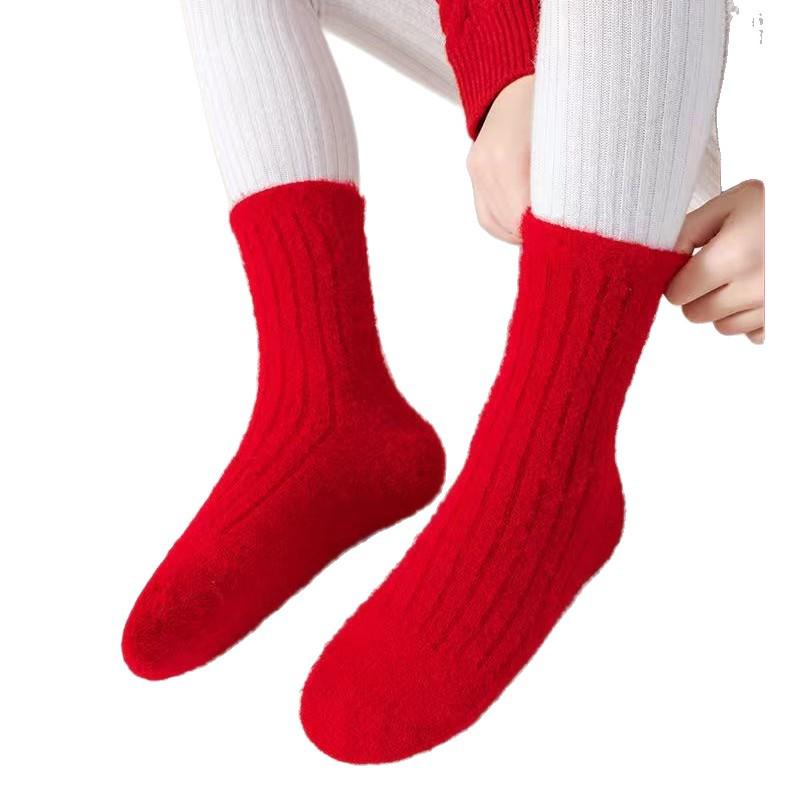 Red Warm Fleece-Lined Mid-Calf Socks for Boys and Girls, Solid Color, Ideal for New Year, Thickened for Older Children, Snow Wear.