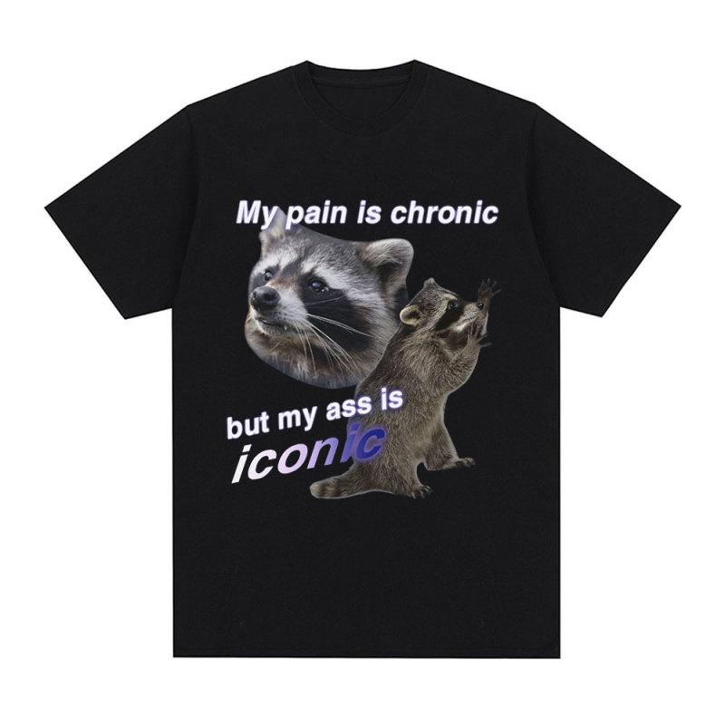 Funny My Pain Is Chronic But My Ass Is Iconic Raccon Meme T-shirt Men Cotton Short Sleeve T Shirts Fashion Casual Vintage Tees