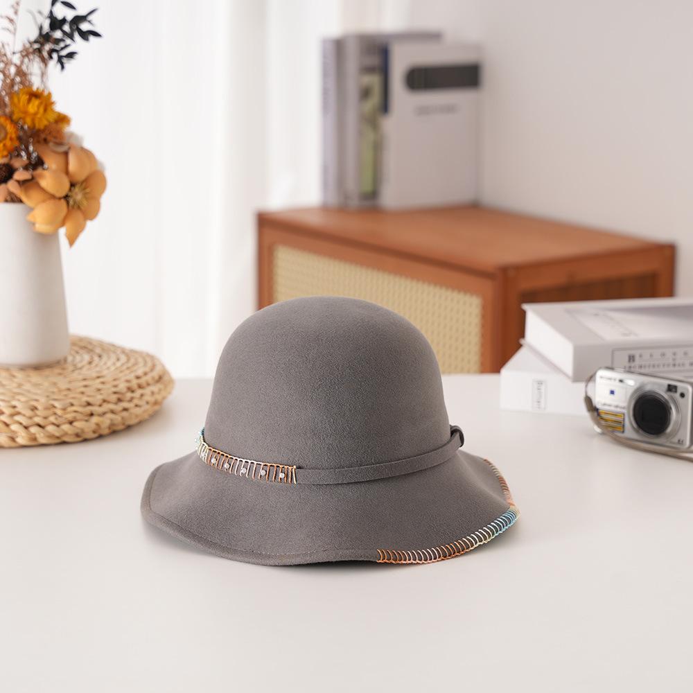

NEW 100% Wool Felt Hat with Fluted Brim | French Style Color Block Bow | Autumn Winter Cloche Cap 56-57CM серый