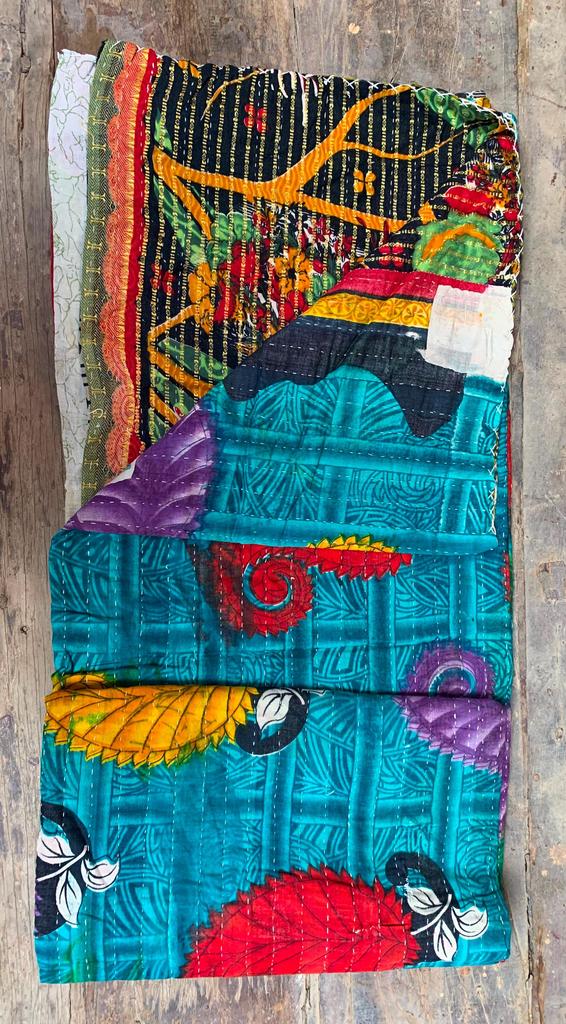 Vintage Kantha Quilt: Handmade Indian Patchwork Throw Blanket, Colorful Blue Ethnic Throw