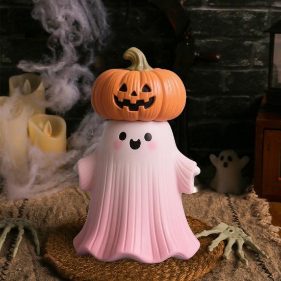 Halloween Statue Pumpkin Ghost Shape Figurine Pink Resin Statue Handheld Halloween Tabletop Decoration