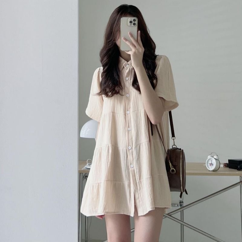 Plus Size Women Summer Shirt Dress Loose Korean Short Sleeve Dresses