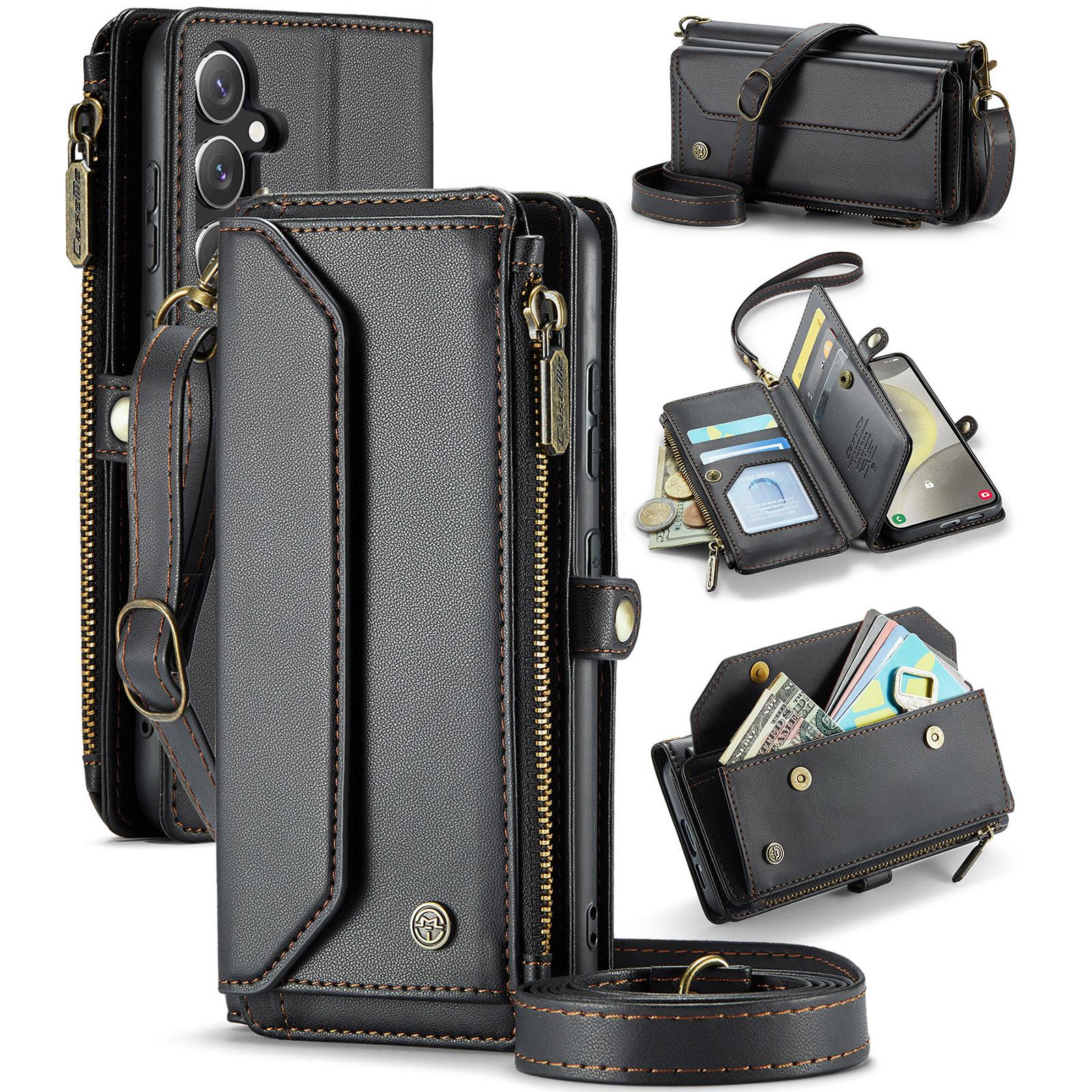 

For Samsung Galaxy S24+ Leather Case CASEME C36 Zipper Multiple Card Slots Phone Cover with Straps Black