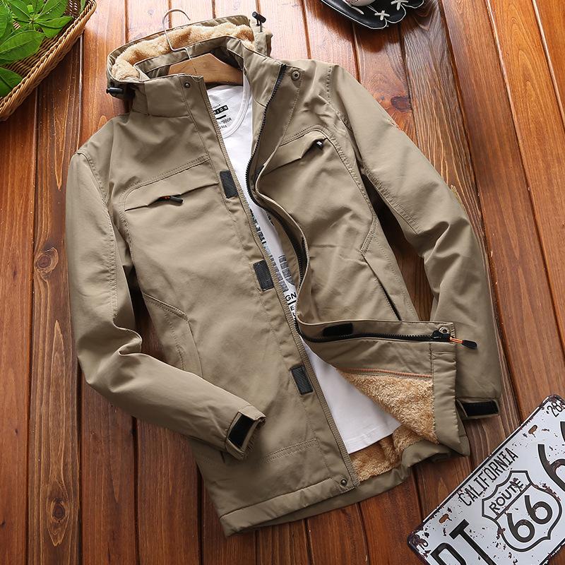

Осенне-зимняя утепленная мужская куртка с воротником-стойкой и капюшоном, зимняя бархатная теплая куртка с хлопковой подкладкой для мужчин M хаки