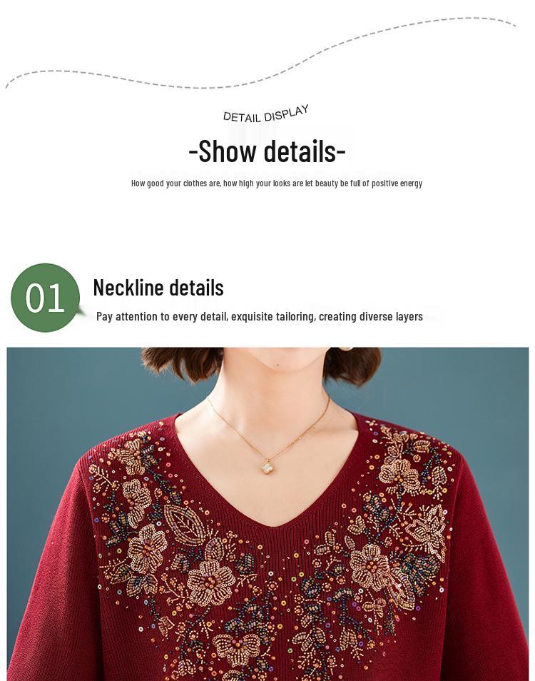 Happy Mother-in-law V-neck Red Knitwear with Handmade Sequin Embroidery - Slimming and Age-Reducing Top for Spring and Autumn