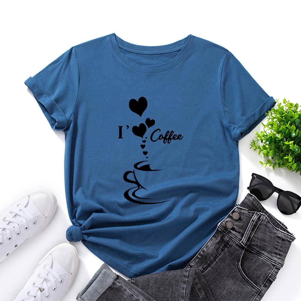 I Heart Coffee Cotton T-Shirt Short Sleeve Round Neck Women 2d Print Tops