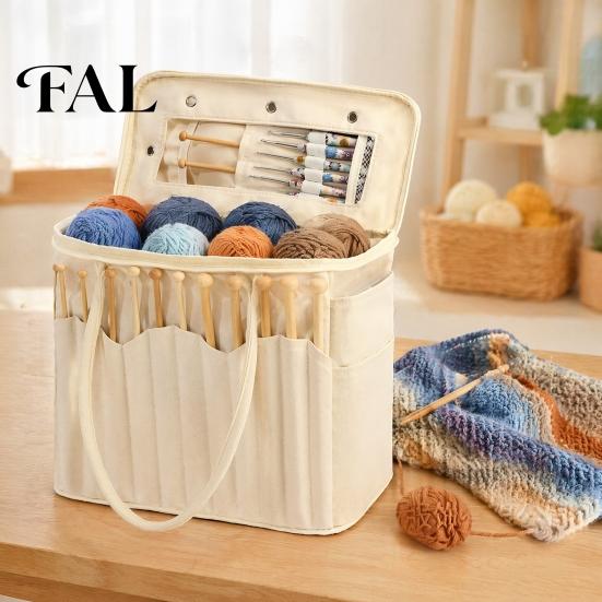 Portable Sewing Kit Holder Canvas Knitting Bag, with Multiple Pockets And Yarn Holes, Tool Organizer for Travel Large Capacity Crochet Organizer,