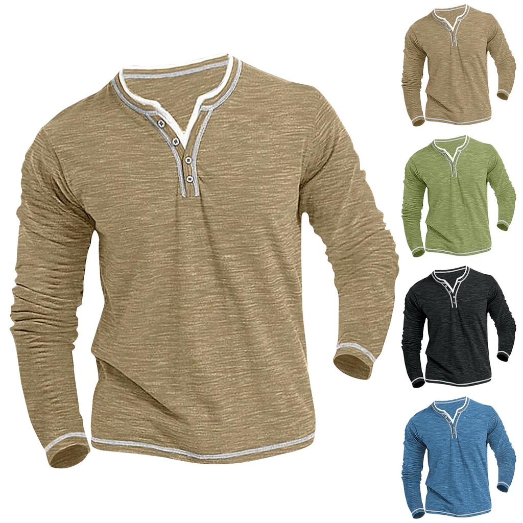 Men's Solid Color V-Neck Button Casual Sweatshirt Men's Long Sleeve Sweatshirt