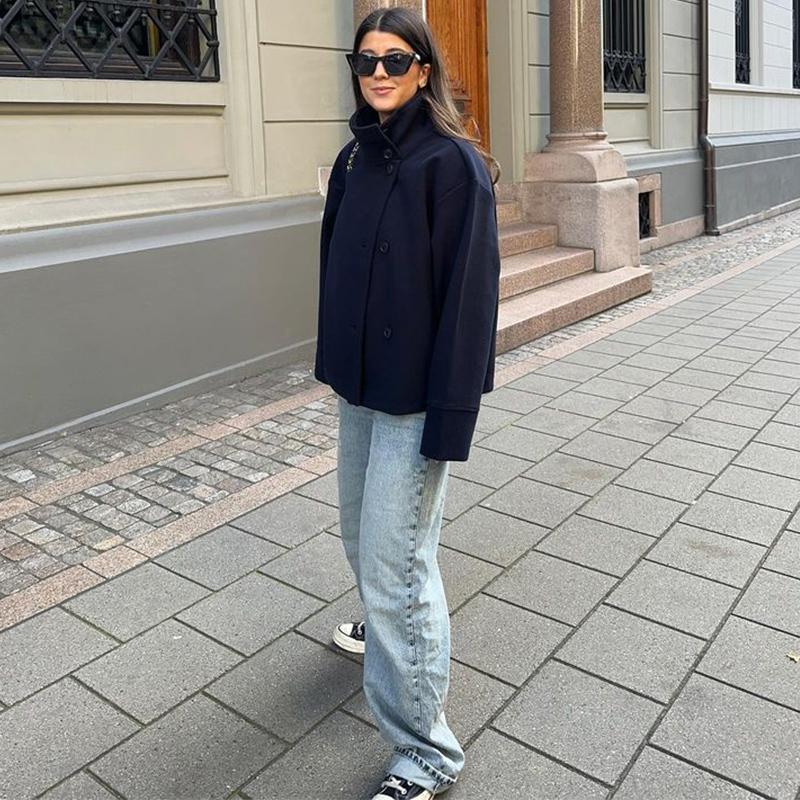 Kabát s límcem stojáčkem, jednoradové zapínání, z umělé vlny, dámská bunda s dlouhým rukávem, teplá, krátká, volného střihu, pro každodenní nošení, podzim 2025