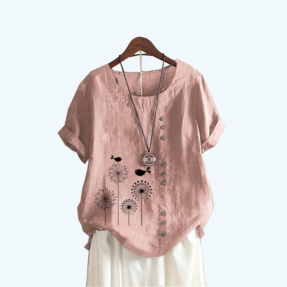 Women Fashion Floral Print Short Sleeve T-shirt Summer Casual Round Collar Cotton Linen Top Pullover Loose Blouses