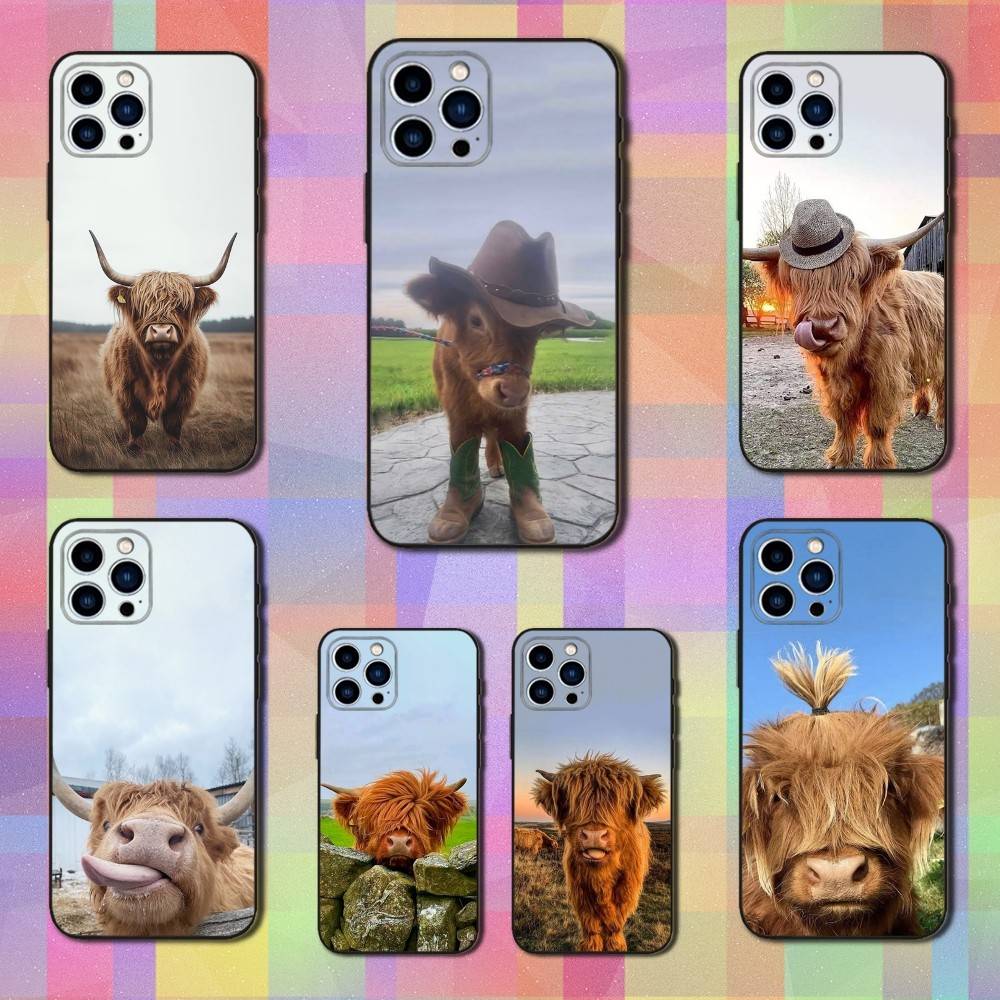 Cute Art Highland Cow For iPhone 12,14,13,15,16,11,17,X,Mini,XR,SE,XS,Plus,Pro,Max,8,7,Soft Silicone Black Case