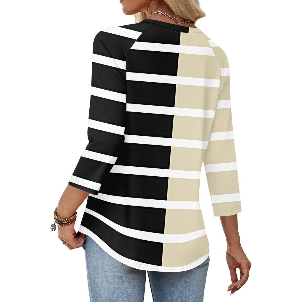 Women 34 Sleeve Crew Neck Button T Shirt Casual Striped Print Loose Fit Pullover Top for Daily Wear Office School Travel