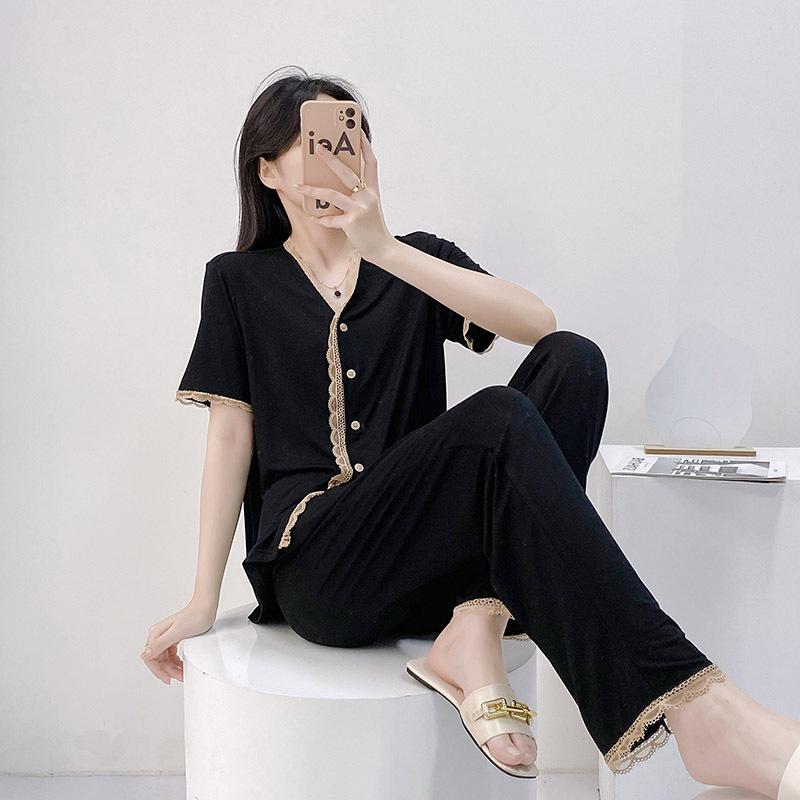 

Сексуальная кружевная пижама, весенняя новая пижама, модальные брюки с длинными рукавами, двухкомпонентная пижама, повседневная домашняя одежда XL