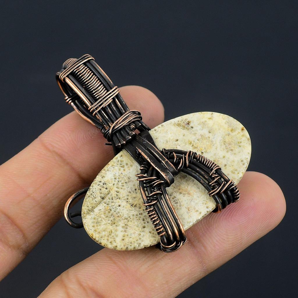 Fossil Coral 999 Copper Wire Wrapped Pendant Handmade Gemstone Jewelry, Gifts For Wife Brand New Jewelry Pendant