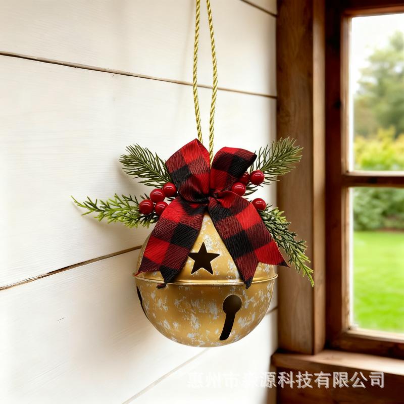 Christmas Bells Ornament Rustic Christmas Jingle Bell with Pine Needles Red Berries And Plaid Bow for Holiday Door