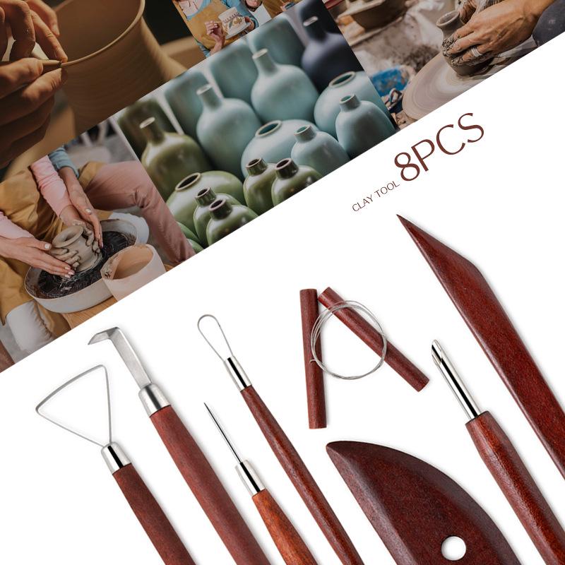 8-Piece Ceramic Pottery Tool Set: Trimming, Carving, Knife, Punch, Needle, Flat Wire, Clay Sculpting Tools