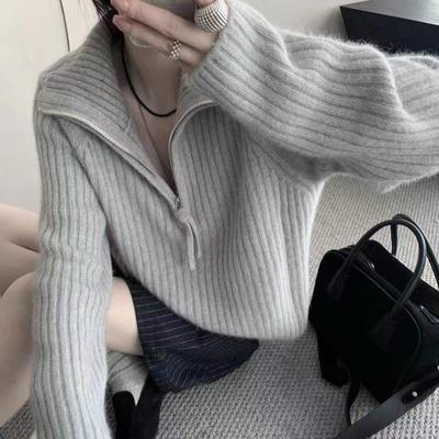 Women's Pure Wool Half-Zip High Neck Sweater - Loose Knit Thickened Pullover for Autumn and Winter