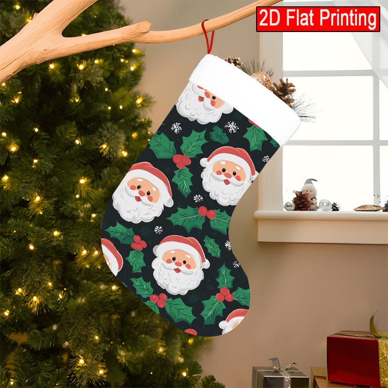 Christmas Decoration Fireplace Hanging Stocking Merry Christmas with Holly Leaves and Santa Claus Pattern (1) 2D Flat Pa