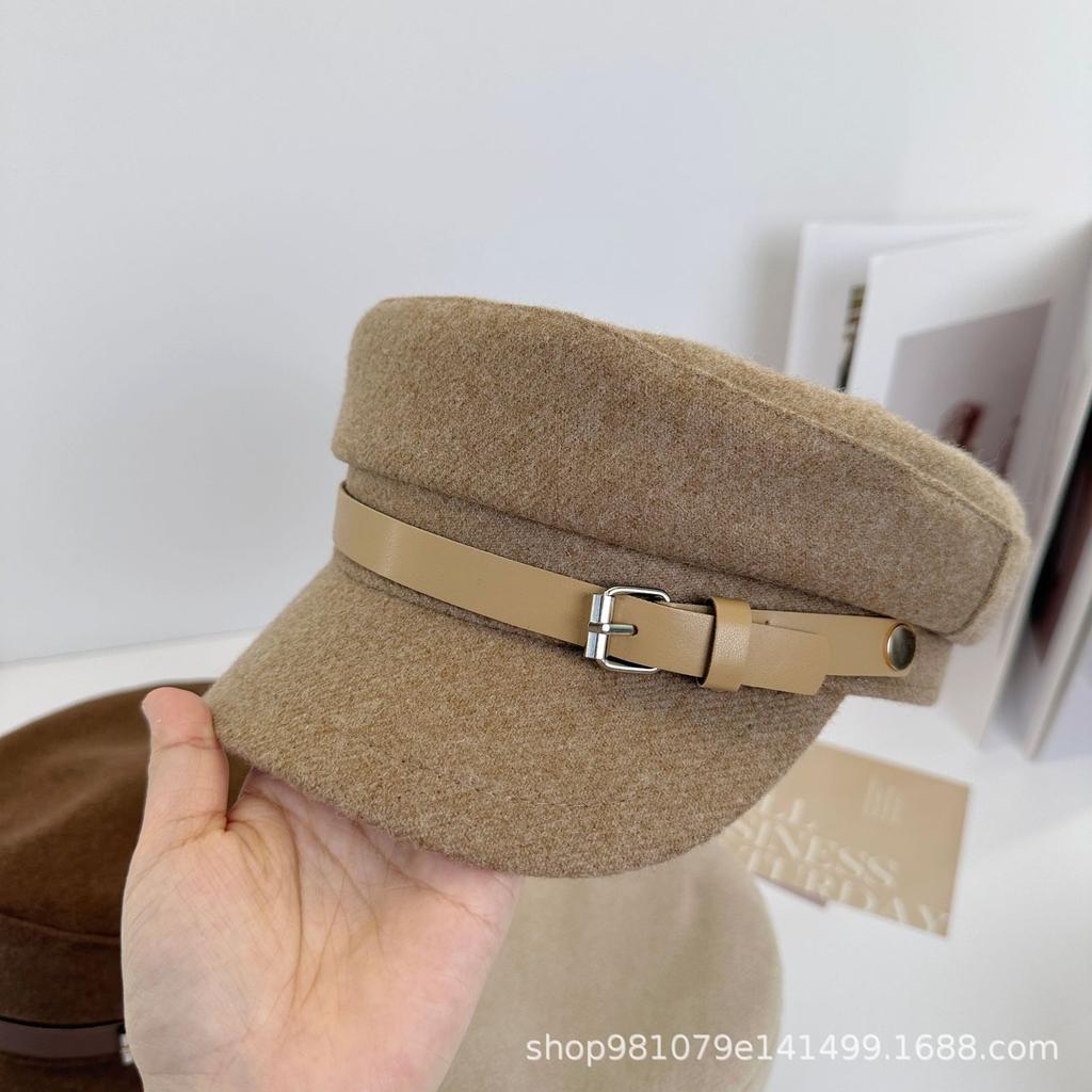 British Style Belt Buckle Flat Top Octagonal Hat Women's Fashion Literary and Retro Versatile Flat Top Hat Shows Face Little Painter Hat Tide