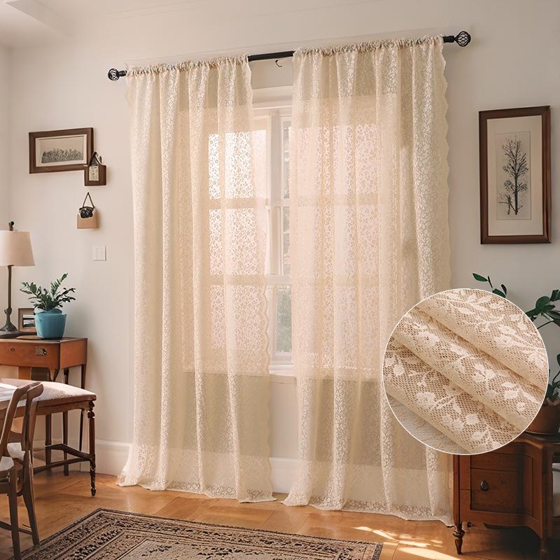Sommerfriske hvite blonder gardiner med blomstermønster og huldesign for stue og balkong