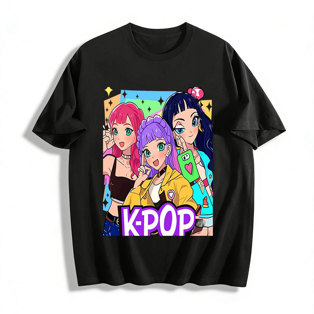 

K-pop Girl Group Print T-shirt Casual Loose Crew Neck Summer Top Trendy Teen Girls Wear Pure cotton T-shirt XXS