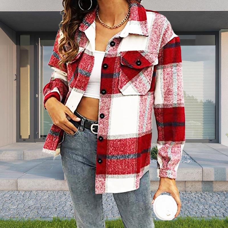 Herbst-Damenjacke, modischer urbaner Stil, lockere einreihige karierte Jacke