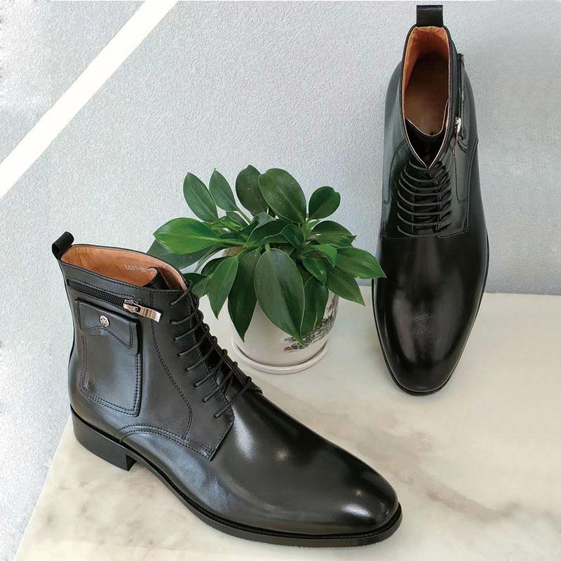 Fashion Zipper Pocket Ankle Boots for Mens New Fashion Decorative Natural Handmade Genuine Leather Lace Up High Quality Luxury NiceBlack