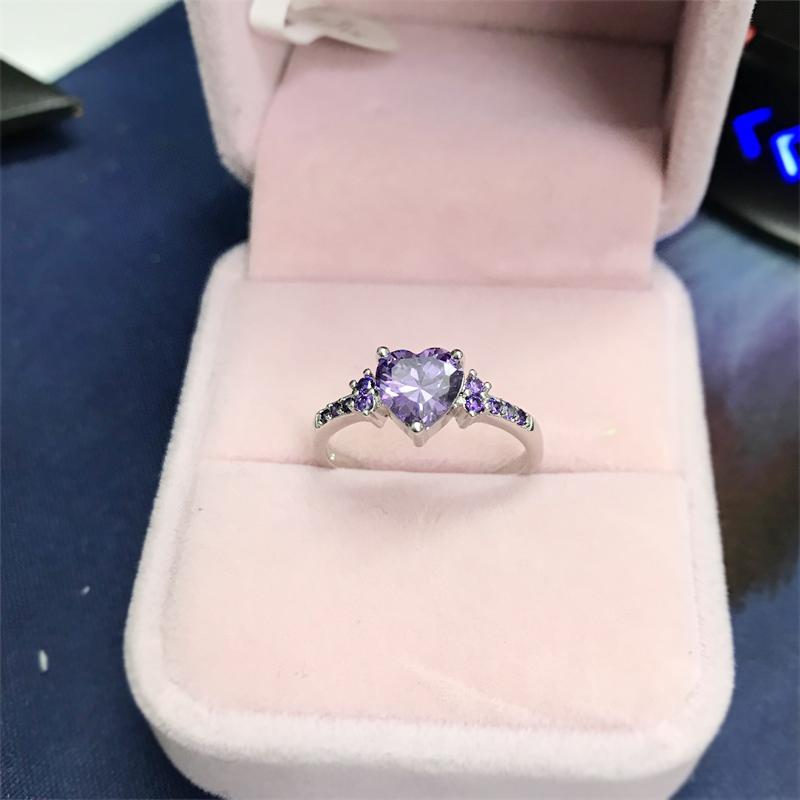 With Certificate 100% 925 Silver Purple Zircon Crystal Rings for Women Lovely Heart Shape Jewelry Romantic Valentine's Day Gift